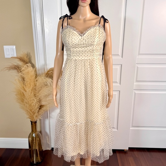 BALTIC BORN Dresses & Skirts - CREAM TULLE MIDI DRESS WITH BLACK POLKA DOTS